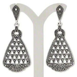 Art Deco Antiqued Silver Filigree Cutout Dangle Earrings